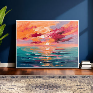 Bold Palette Knife Ocean Sunset Canvas — Orange Pink Teal