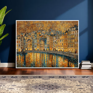 Gustav Klimt Golden Cityscape Wall Art Canvas Print, Framed