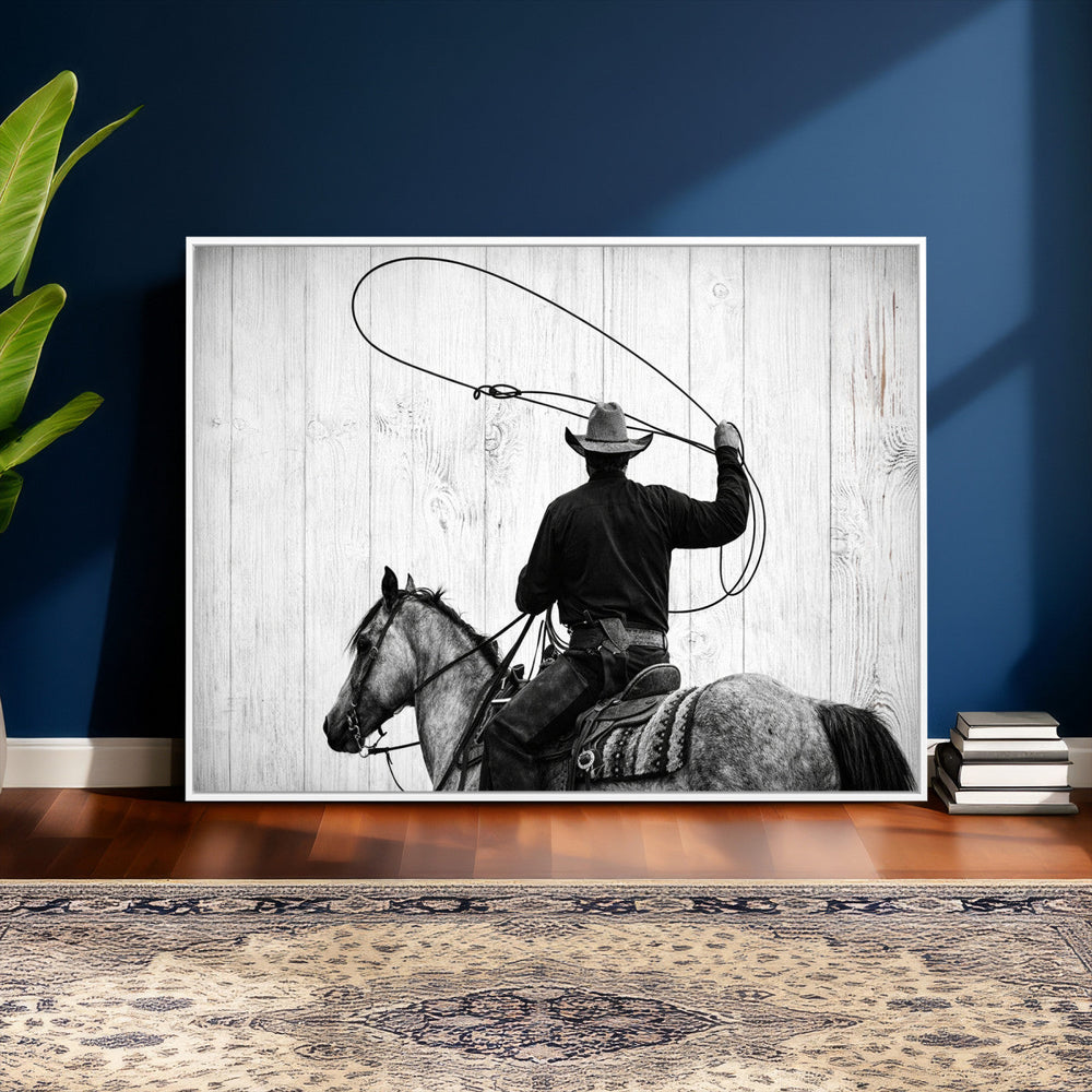 Cowboy Lasso Canvas Wall Art, Black White Western Horse