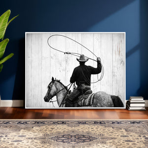 Cowboy Lasso Canvas Wall Art, Black White Western Horse