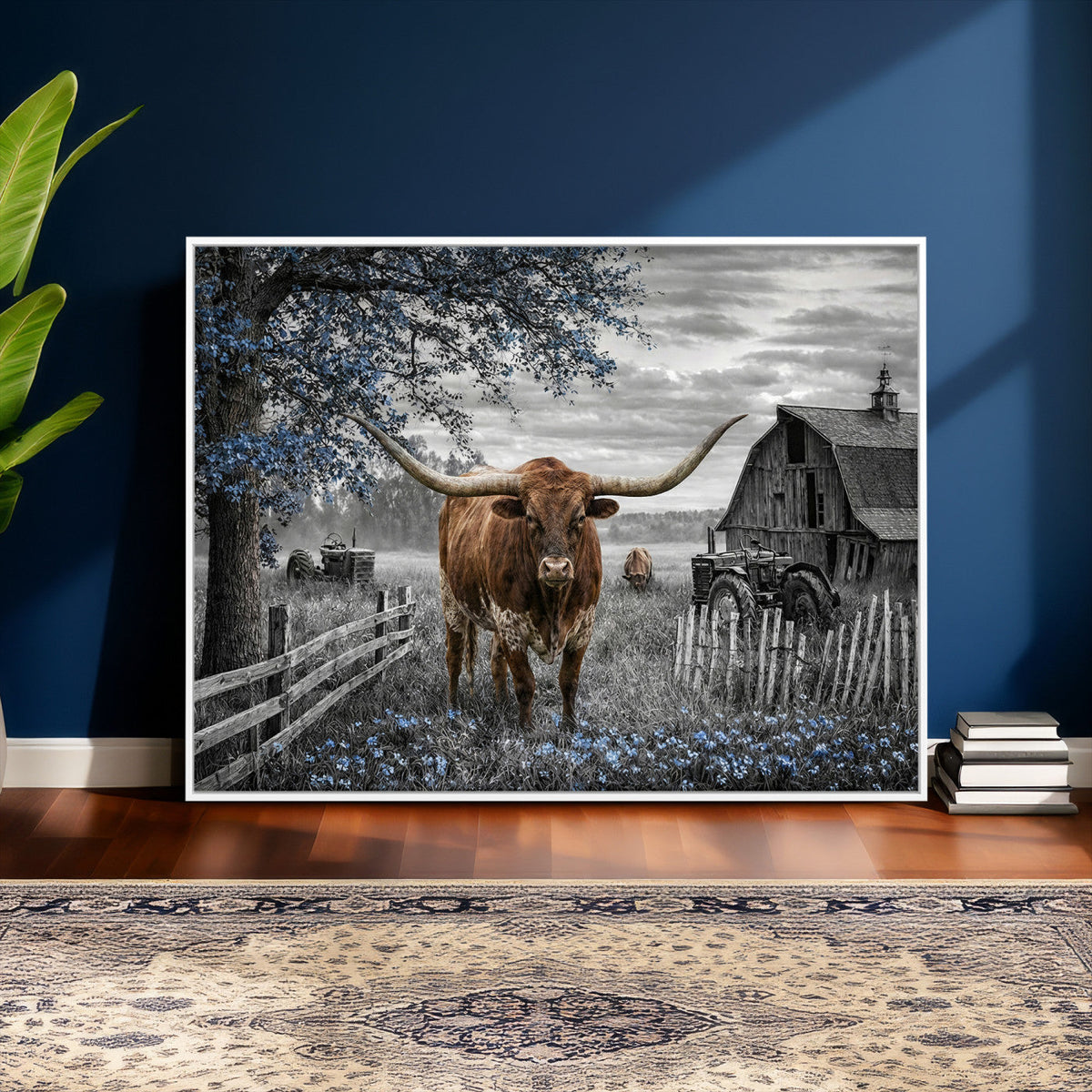 Texas Longhorn Canvas Wall Art, Rustic Farm Barn Bluebonnet