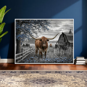 Texas Longhorn Canvas Wall Art, Rustic Farm Barn Bluebonnet