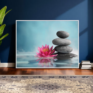Zen Canvas Wall Art Lotus Flower Stacked Stones Teal Spa