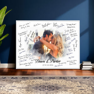 Wedding Guest Book Alternative Wall Art Canvas Print, Personalized Wedding Signature Poster, Custom Couple Photo Guestbook Canvas, Bridal Shower Reception Decor