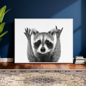 Funny Raccoon Canvas Wall Art, Black White Hands Up Animal Photo Print, Humorous Wildlife Decor, Kids Room Nursery Art, Quirky Animal Gift