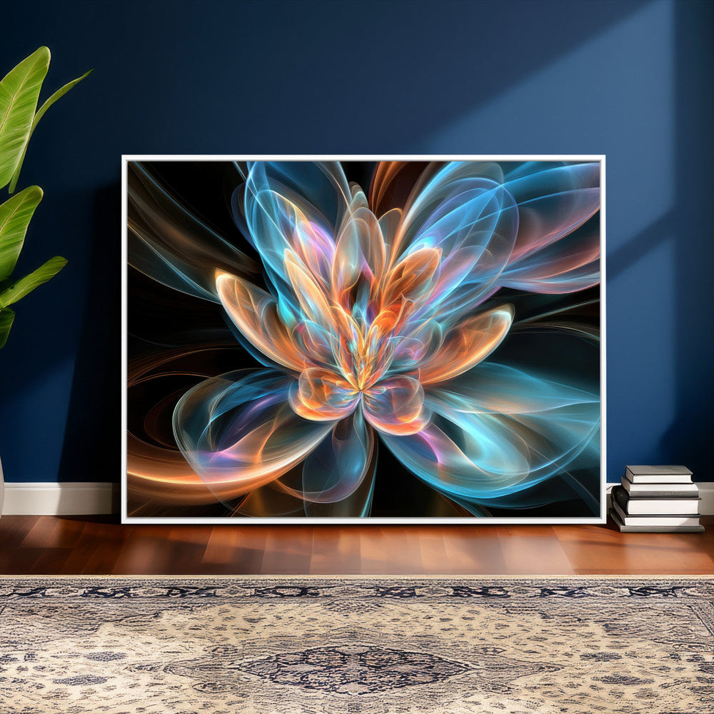 Fractal Lotus Canvas Wall Art, Blue Orange Glowing Flower Abstract Print, Modern Zen Meditation Room Decor, Ethereal Digital Art, Living Room