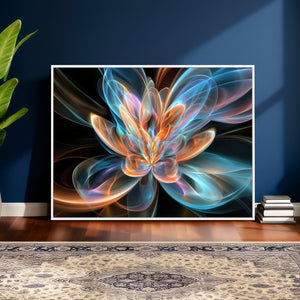 Fractal Lotus Canvas Wall Art, Blue Orange Glowing Flower Abstract Print, Modern Zen Meditation Room Decor, Ethereal Digital Art, Living Room