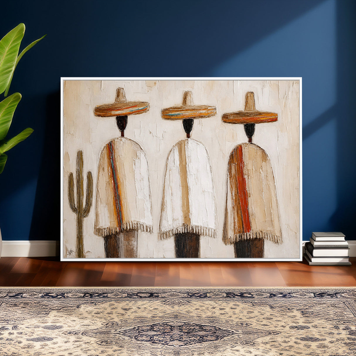 Mexican Wall Art Canvas Print, Southwestern Sombrero Poncho Painting, Neutral Earthy Boho Decor, Fiesta Living Room Art, Impasto Style Print