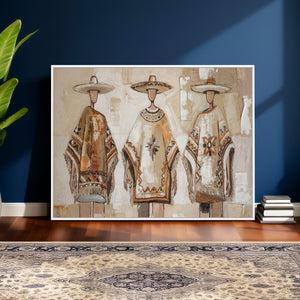 Mexican Folk Art Canvas Wall Art, Charro Poncho Sombrero Painting Print, Neutral Beige Boho Decor, Southwestern Impasto Style, Living Room Art