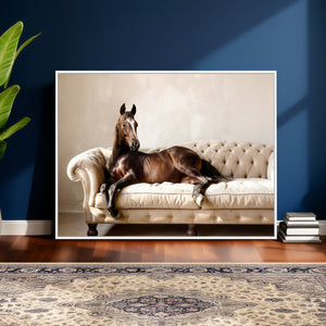Funny Horse on Sofa Canvas Wall Art, Quirky Horse Lounging Photo Print, Whimsical Animal Decor, Living Room Conversation Art, Horse Lover Gift