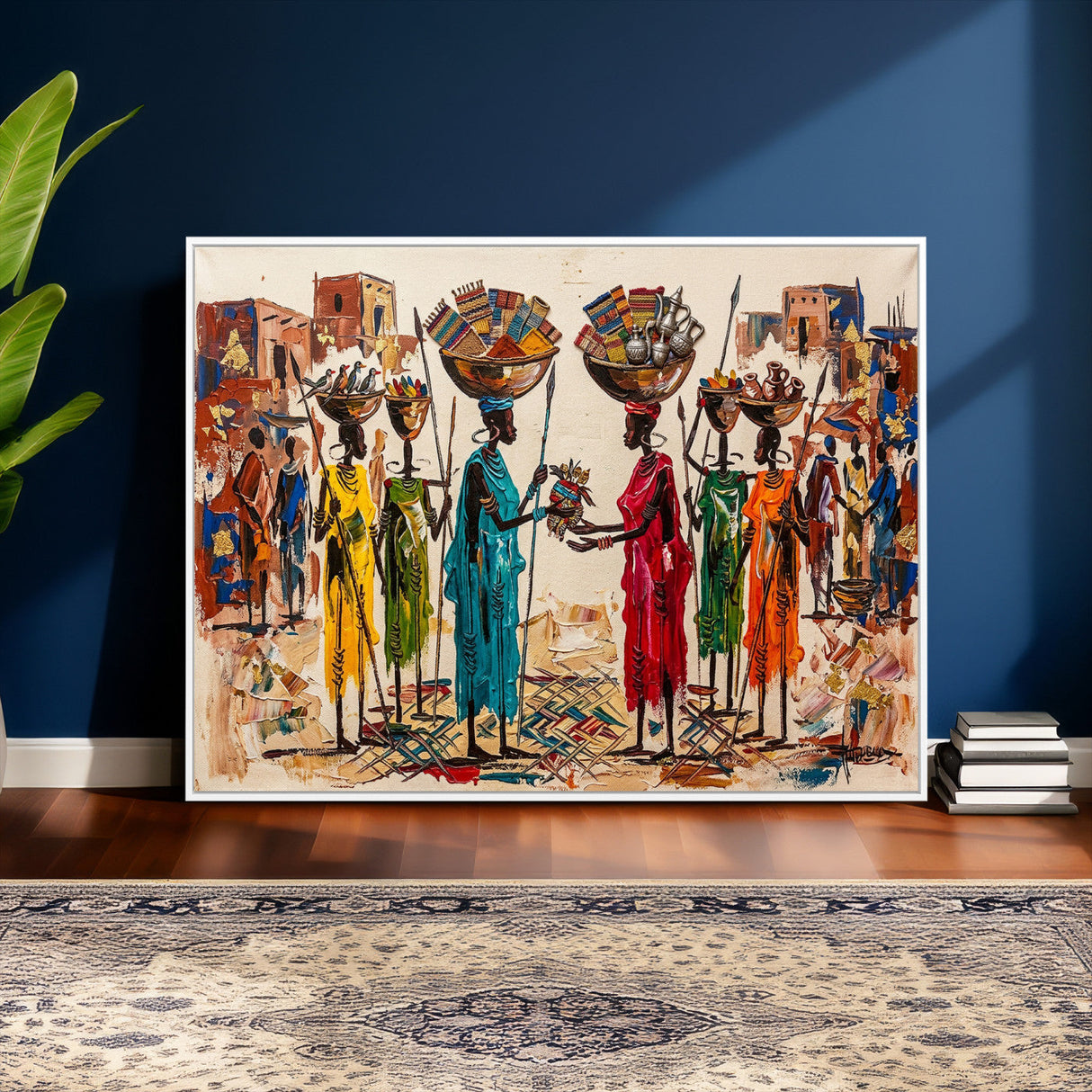 African Folk Art Canvas Wall Art, Colorful African Women Village Painting Print, Tribal Ethnic Home Decor, Vibrant African Art, Living Room