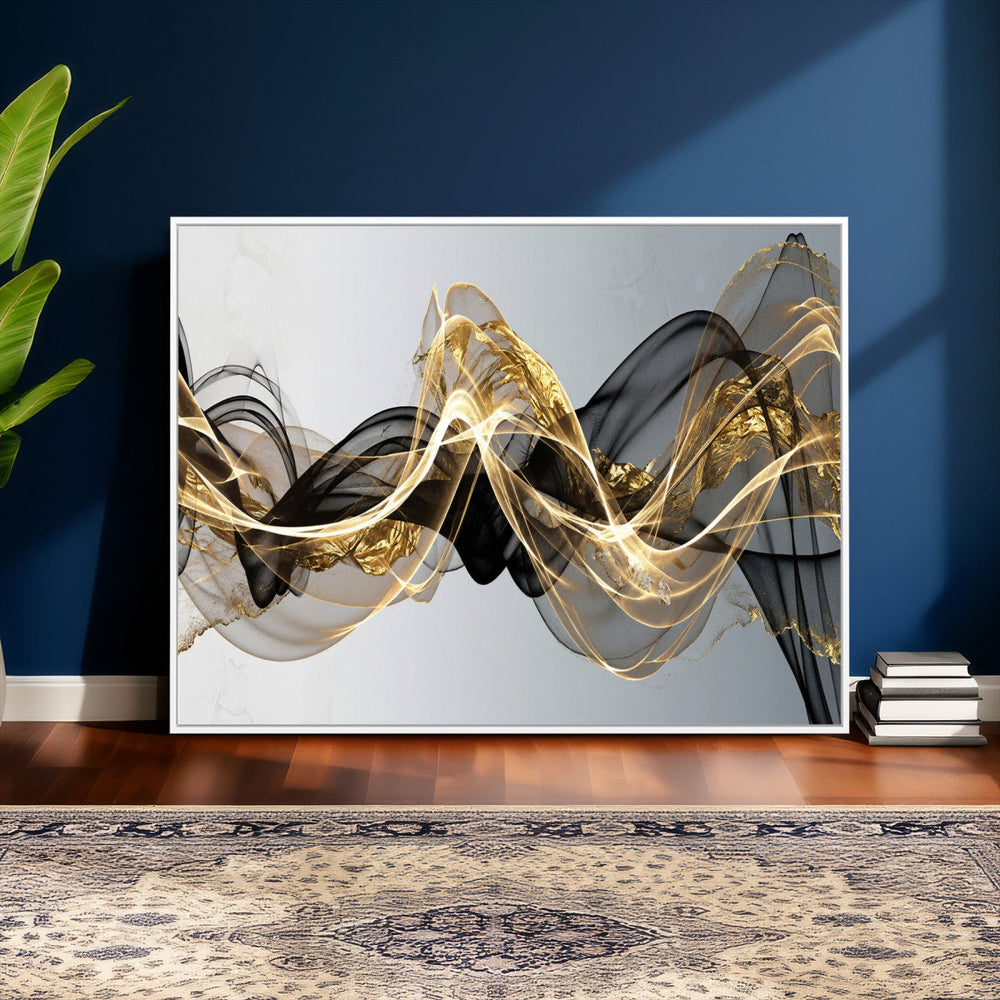 Black and Gold Abstract Wall Art, Modern Wave Canvas Print, Elegant Flowing Smoke Art, Luxury Living Room Decor