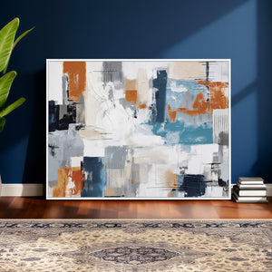 Blue Teal Abstract Canvas Wall Art, Modern Textured Painting Print, Navy Orange White Contemporary Art, Neutral Living Room Decor, Office Art