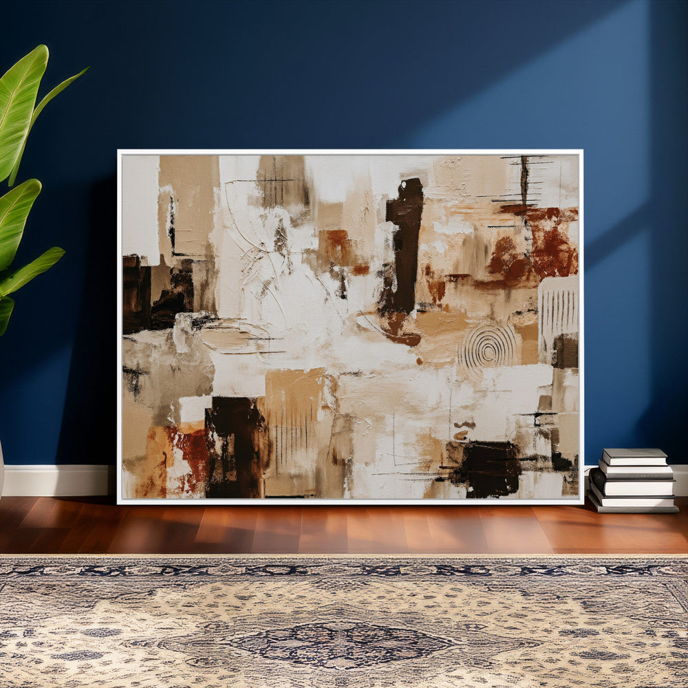 Blue Teal Abstract Canvas Wall Art, Modern Textured Painting Print, Navy Orange White Contemporary Art, Neutral Living Room Decor, Office Art