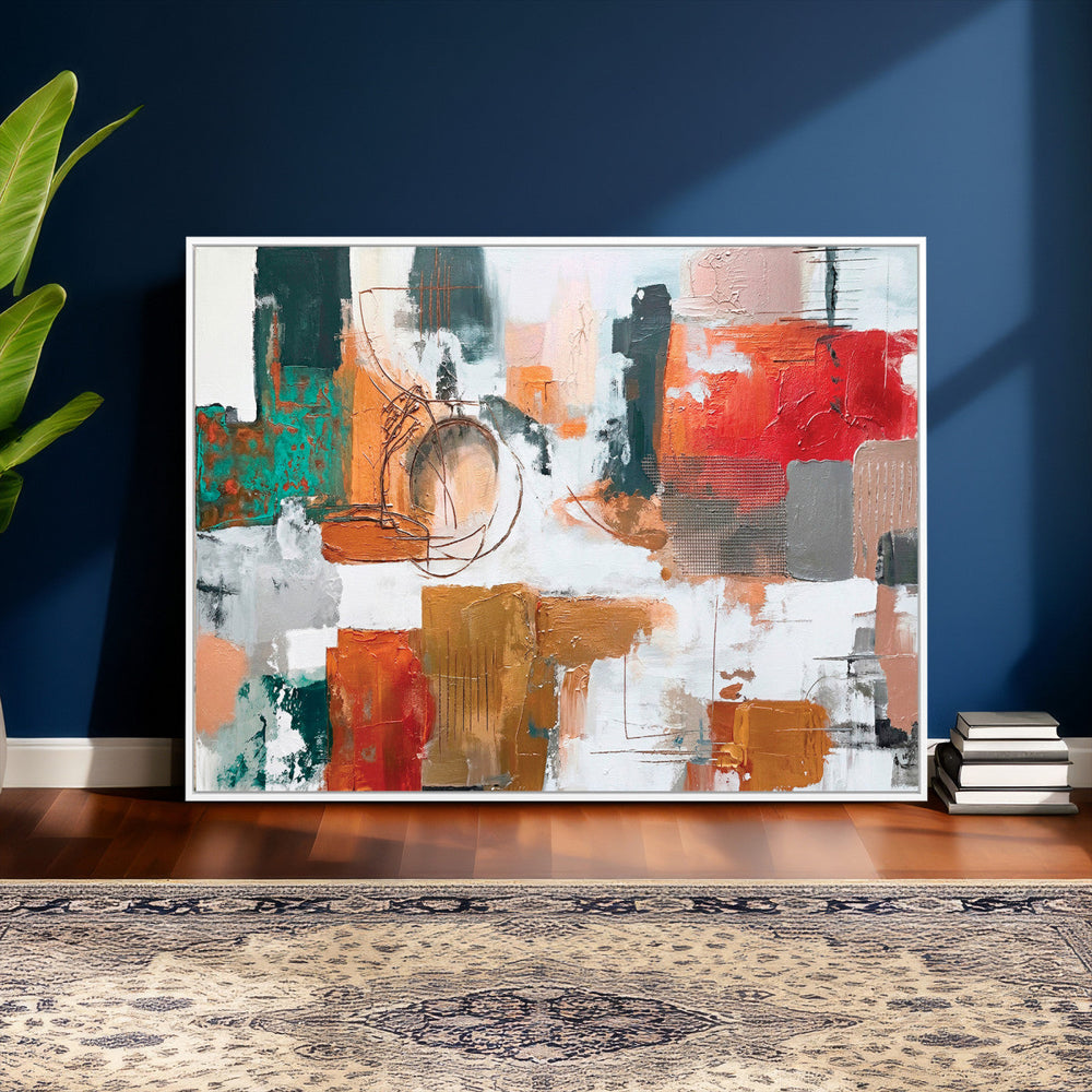 Blue Teal Abstract Canvas Wall Art, Modern Textured Painting Print, Navy Orange White Contemporary Art, Neutral Living Room Decor, Office Art