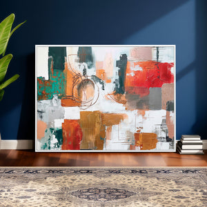Blue Teal Abstract Canvas Wall Art, Modern Textured Painting Print, Navy Orange White Contemporary Art, Neutral Living Room Decor, Office Art
