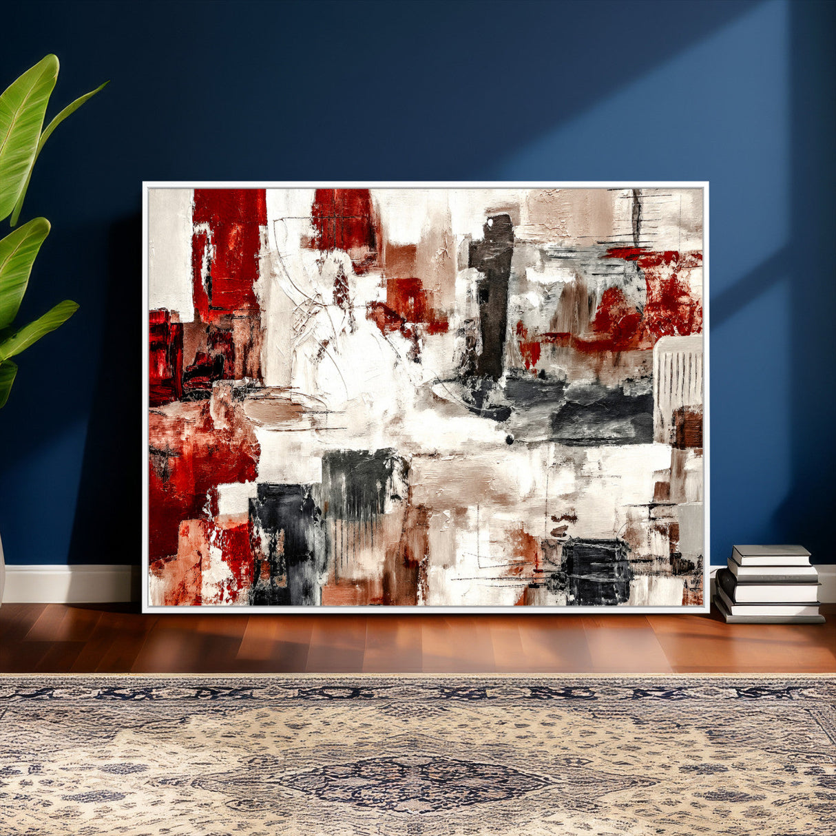 Blue Teal Abstract Canvas Wall Art, Modern Textured Painting Print, Navy Orange White Contemporary Art, Neutral Living Room Decor, Office Art