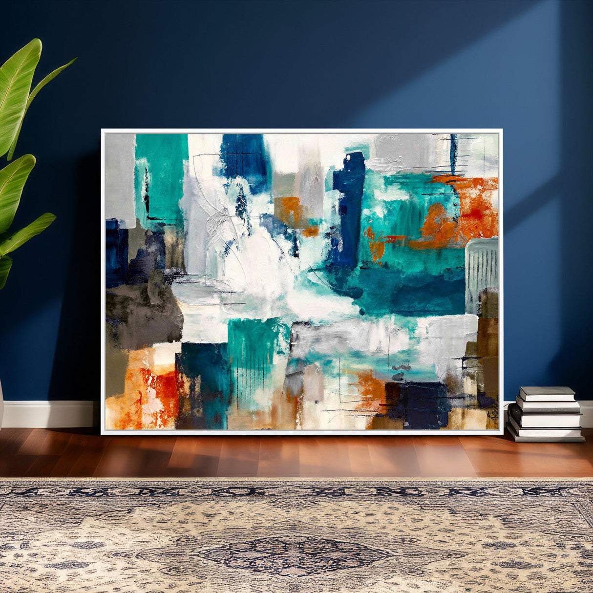 Blue Teal Abstract Canvas Wall Art, Modern Textured Painting Print, Navy Orange White Contemporary Art, Neutral Living Room Decor, Office Art