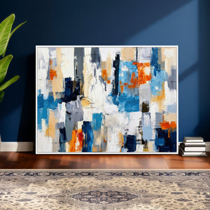 Blue Teal Abstract Canvas Wall Art, Modern Textured Painting Print, Navy Orange White Contemporary Art, Neutral Living Room Decor, Office Art