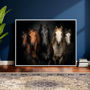 Horse Wall Art Canvas Print, Wild Horses Portrait Photography, Dramatic Equestrian Decor, Black Brown White Horse Herd, Rustic Ranch Art
