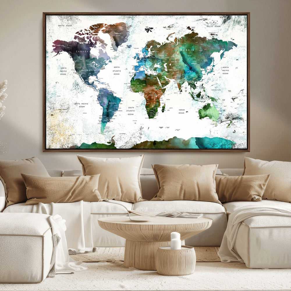 Modern Watercolor World Map Canvas Wall Art – Framed