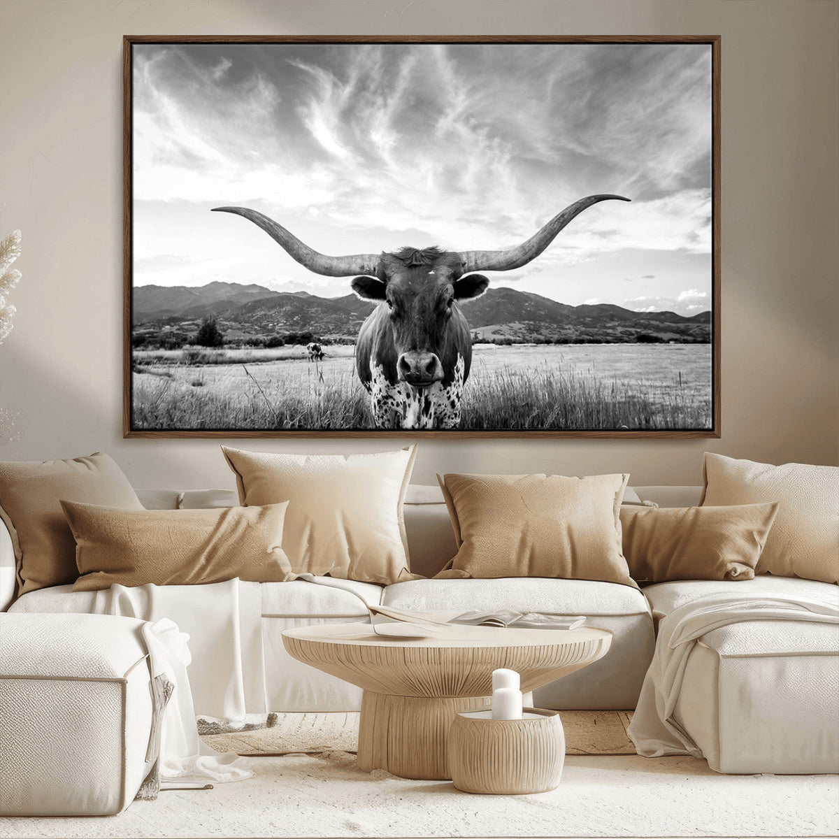 Longhorn Black and White Wall Art – Rustic Western Bull