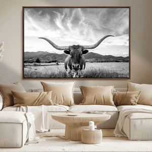 Longhorn Black and White Wall Art – Rustic Western Bull