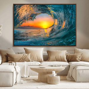 Ocean Wave Sunset Wall Art | Large Coastal Wave Canvas Print