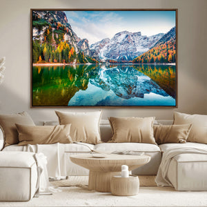 Spectacular autumn view of Braies Lake Wall Art Canvas Print