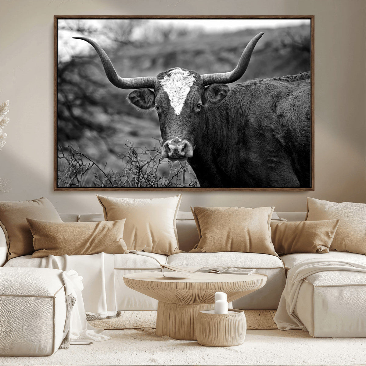 Western Home Wall Art Canvas Print, Framed Texas Longhorn