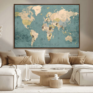 Classic World Map Canvas Print – Framed Vintage Map Wall