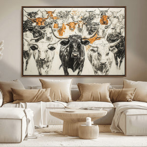 Farmhouse Wall Art | Western Longhorn Cattle Canvas Print |