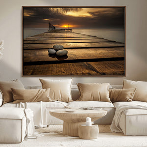 Stones on Wooden Pier at Sunset Canvas Print, Serene Coastal