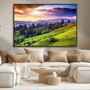 Green Hills and Sunset Wall Art Print - Scenic Landscape
