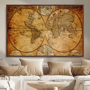Vintage World Map Canvas Print – Antique Push Pin Travel
