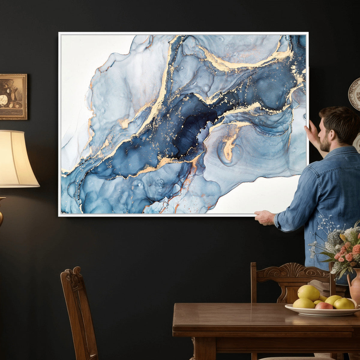 Blue Abstract Canvas Wall Art Print | Fluid Marble Effect Abstract Art