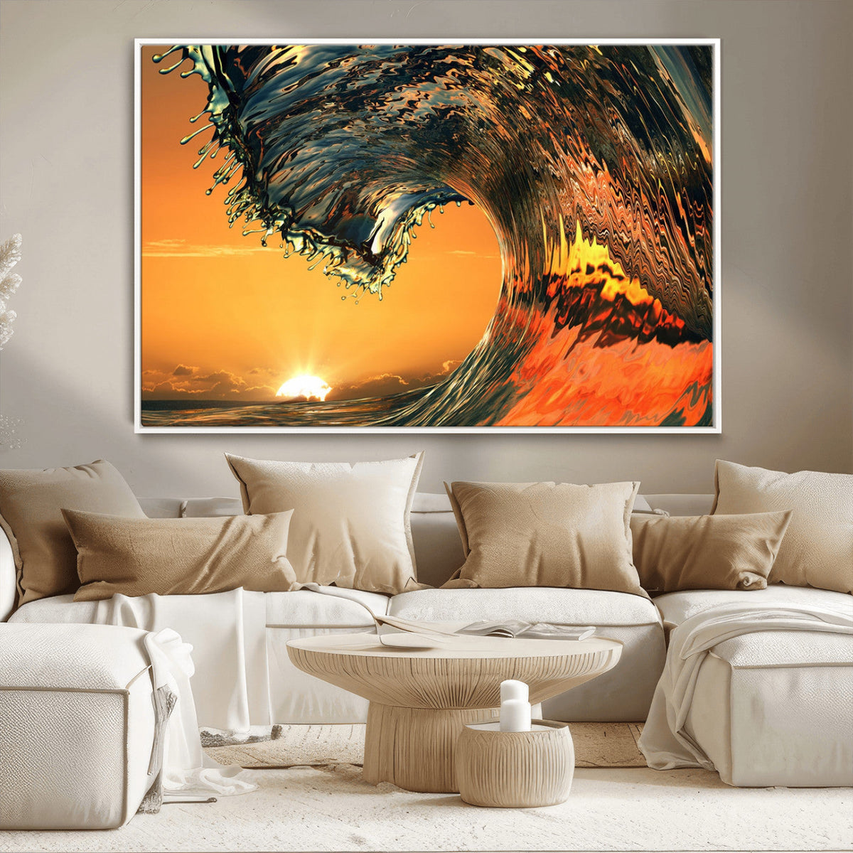 Surf Wave Sunset Canvas Wall Art Print, 3-Panel Ocean