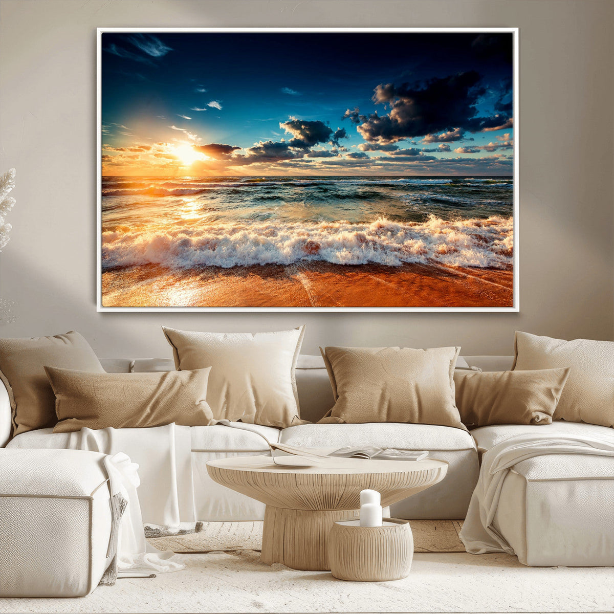 Golden Hour Sunset Over Ocean Waves Wall Art Canvas Print |