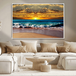 Ocean Sunrise Over Golden Beach Waves, Giclee Canvas Wall