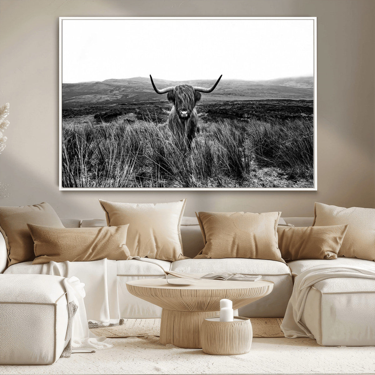 Black and White Highland Cow Canvas Wall Art, Longhorn