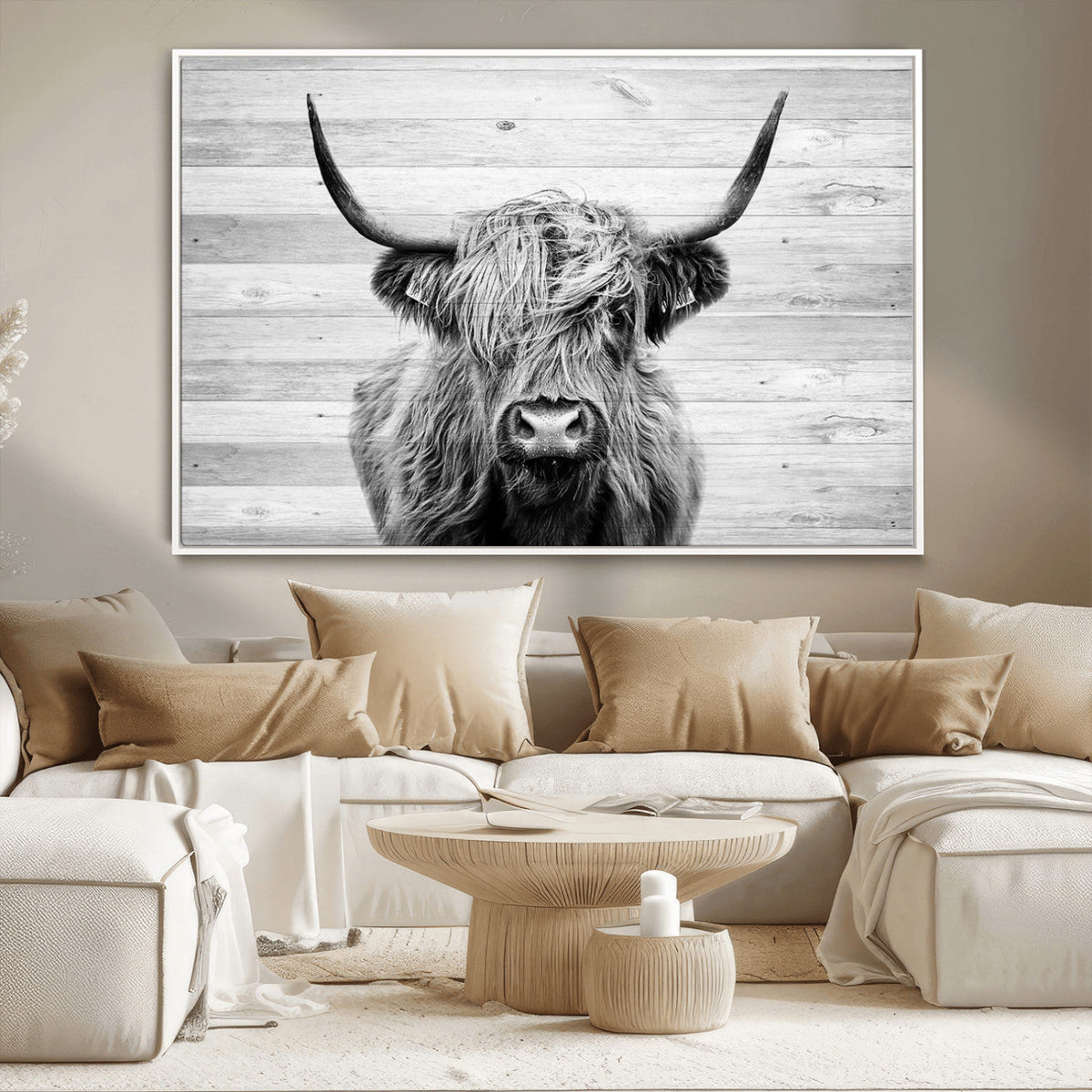 Scottish Highland Cow Cattle Art Print on Wood Background