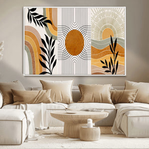Modern Boho Sun and Leaf Abstract Art – 3-Panel Giclée