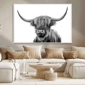 Grayscale Scottish Highland Cow Cattle Art Print Farmhouse