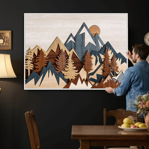 Rustic Abstract Wood Panel Effect Canvas Mountain Range Top