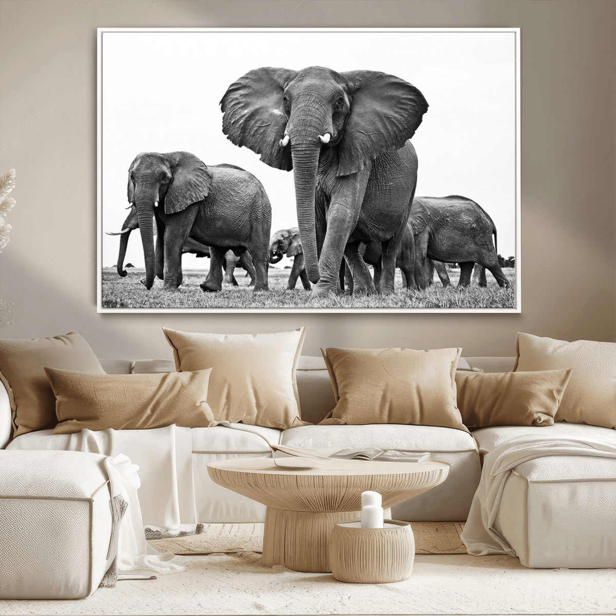 Black White Elephant Family Wall Art Canvas Print