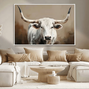 White Longhorn Bull Wall Art Canvas Print – Framed and Ready
