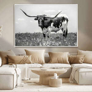 Texas Black White Highland Longhorn Cow Wall Art Canvas