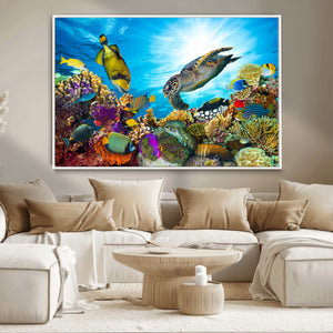 Colorful Coral Reef and Sea Life Turtle Canvas Print,