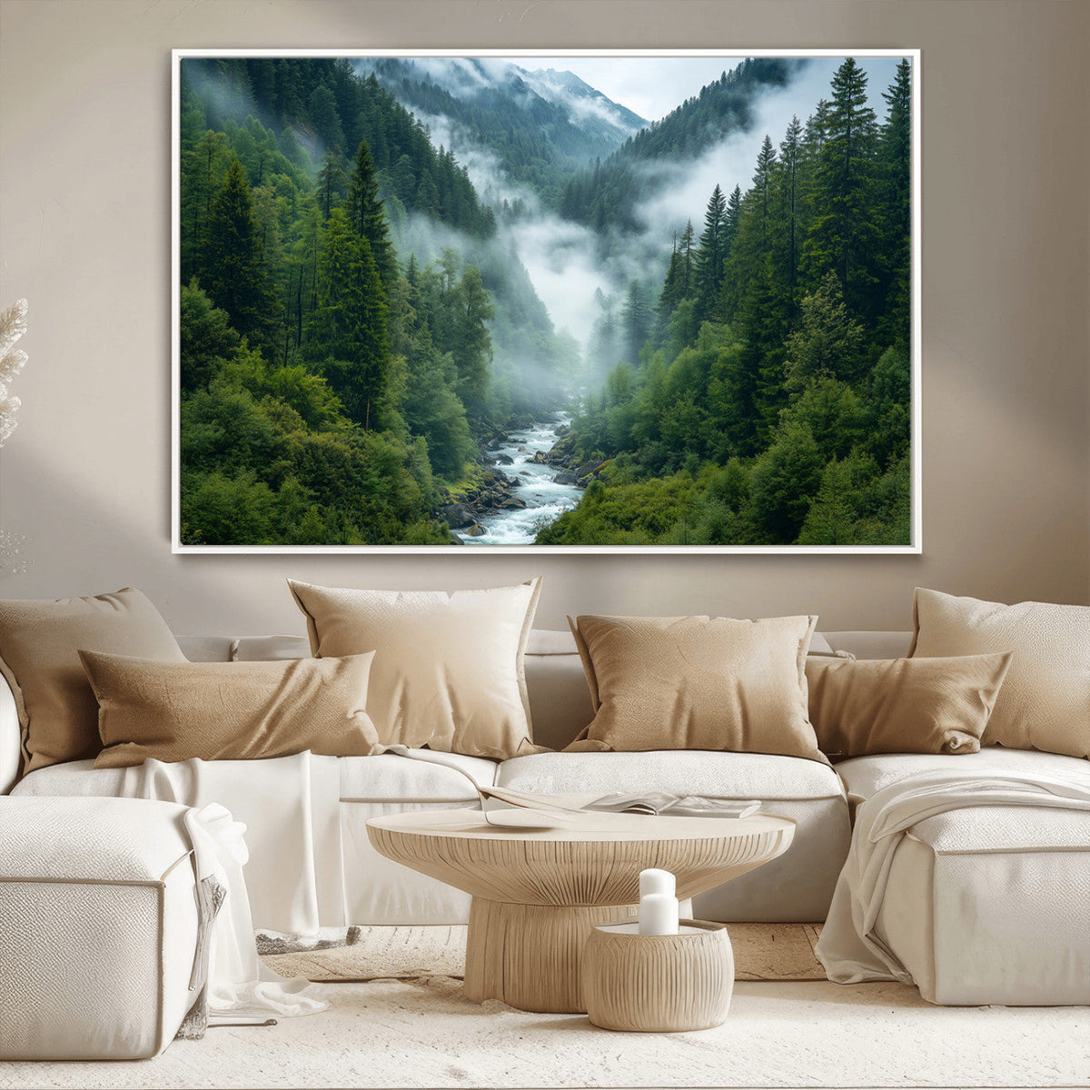 Mountain Forest River Canvas Wall Art Print - Serene Nature