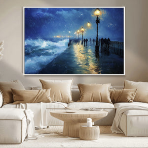 Storm Ocean Pier Canvas Wall Art Print - Large Moody Night